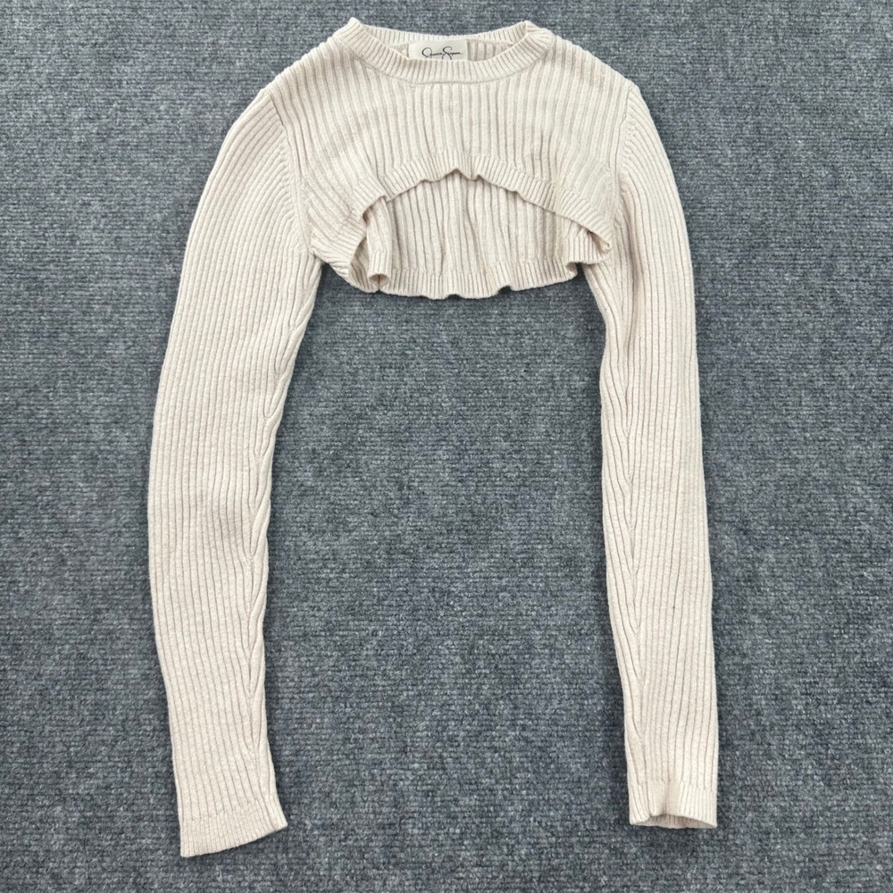 Jessica Simpson Shrug Sweater Small Beige Ribbed Knit Cropped Bolero Womens